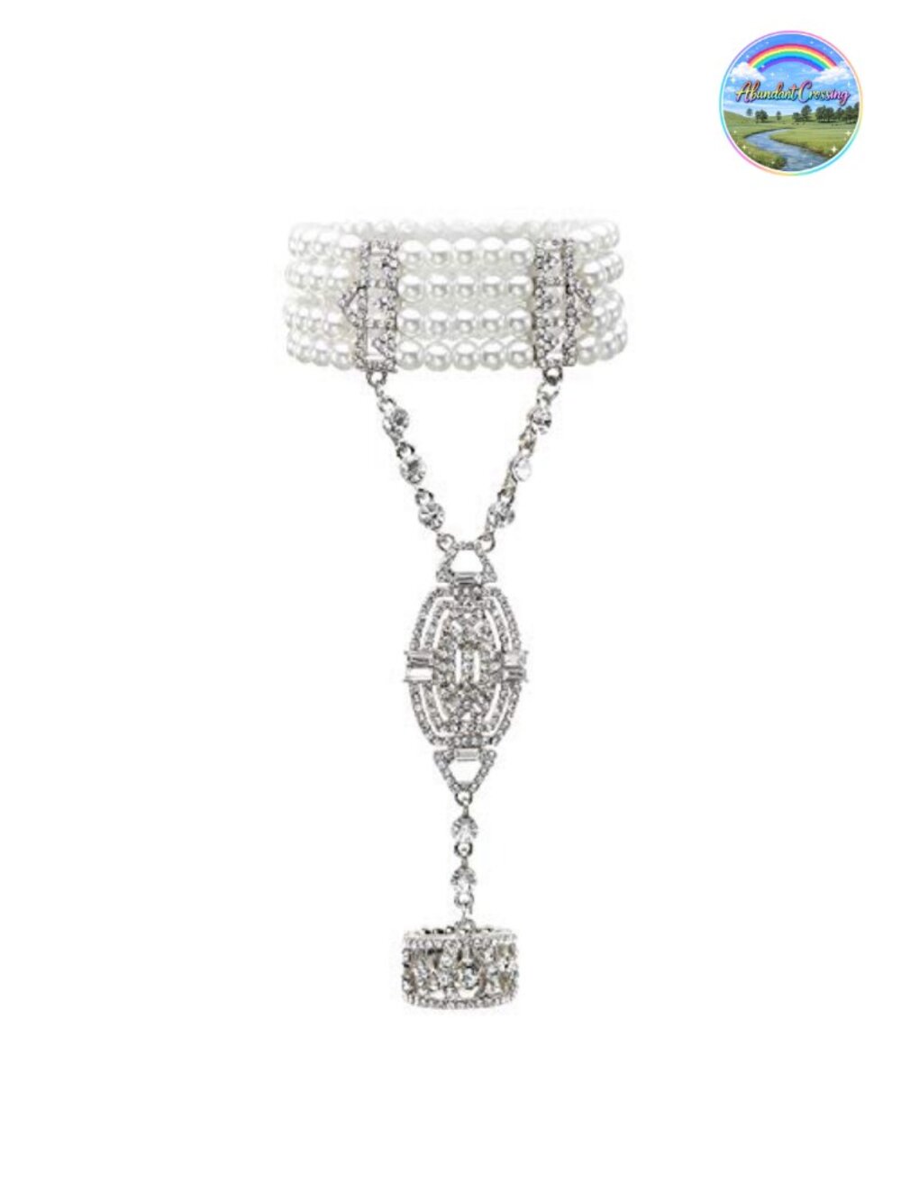 1920s Flapper Bracelet Ring Set Imitation Pearl Crystal Adjustable Gatsby